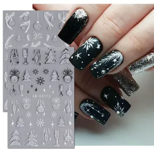 Glitter Christmas Winter Nail Art Stickers 3D Snowflake Bell Feather Design Silver Blue Nail Decals For Women Holiday Manicure Decoration