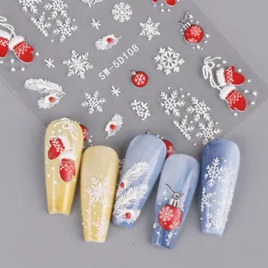 Pegatinas de uñas 5D de Navidad con relieves de copos de nieve y renos para invierno