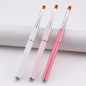 Three dual-ended nail art brushes in pink and white with flat orange fiber bristles