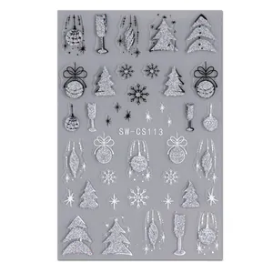 Christmas nail stickers with silver glitter snowflakes and trees, style SW-CS113