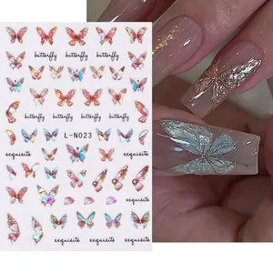 Autocollants ongles 3D papillon aurore holographique avec contours dorés laser