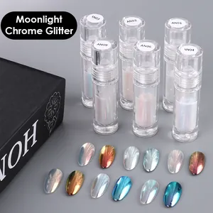 Liquid moonlight chrome powder set for aurora effect nails in six metallic shades