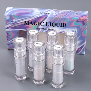 Close-up of Magic Liquid chrome nail powder set with six holographic shimmer shades