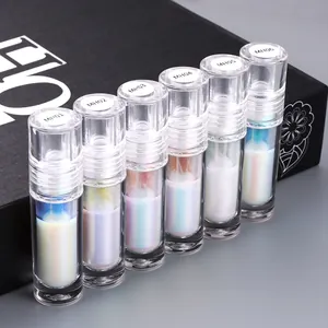 Detail view of 6-piece liquid chrome nail powder set with holographic iridescent finishes