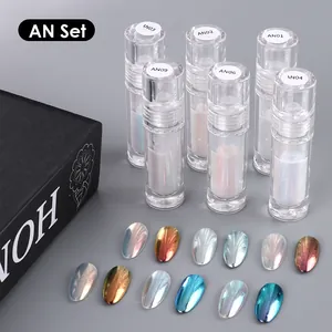 Set of 6 aurora liquid chrome powders for nails with metallic shimmering color swatches