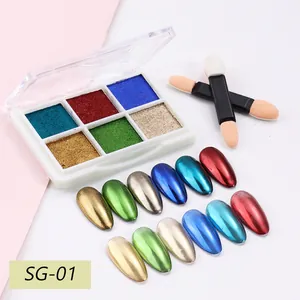 6-color solid mirror nail powder set with metallic chrome finish and sponge brushes