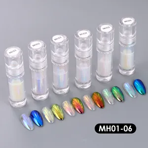 Detail view of 6-color aurora liquid chrome nail powder set with glossy finish effects