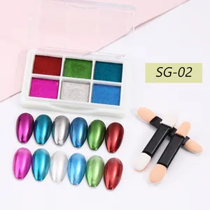 Detailed view of 6-color solid chrome nail powder palette with sponge applicators