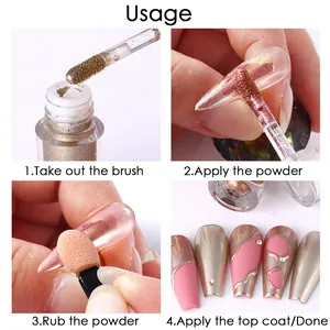 Macro detail of liquid moon powder application steps for metallic chrome nail finish