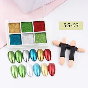 6-color solid magic mirror nail powder set with sponge applicators and chrome effect samples