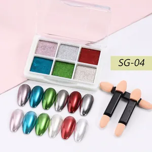 6-color solid mirror nail powder set with metallic chrome finish and sponge brushes