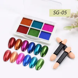 Detail view of 6-color solid magic mirror nail powder palette with metallic finish