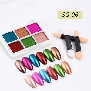 Detailed palette of six metallic solid mirror nail powders with two sponge applicators