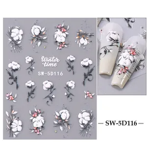 Detailed view of 5D embossed nail stickers with winter floral and cotton patterns