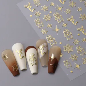 3D Gold Metallische Weihnachts-Nagelsticker mit Rentier, Schneeflocken und Lebkuchenmann