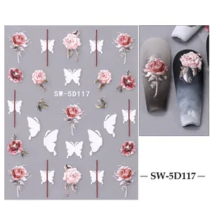 Detailed 5D embossed nail stickers featuring vintage pink roses and white butterfly motifs