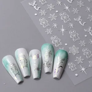 3D Silberne Weihnachts-Nagelaufkleber mit Lebkuchenmann, Schneeflocken und Rentier-Motiven