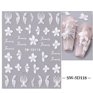 Detail of 5D embossed butterfly and flower nail stickers with white relief texture