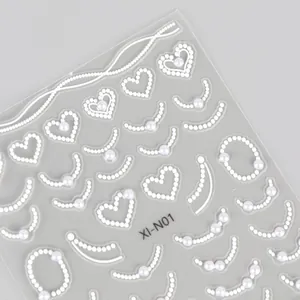 3D white pearl nail stickers with heart and chain patterns for elegant DIY manicure