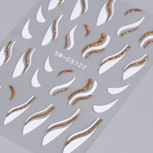 Macro detail of SW-CS122 Christmas nail stickers with gold glitter and white wavy lines