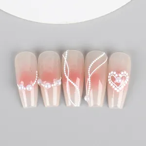 French style 5D embossed nail stickers with white pearls and heart pattern designs