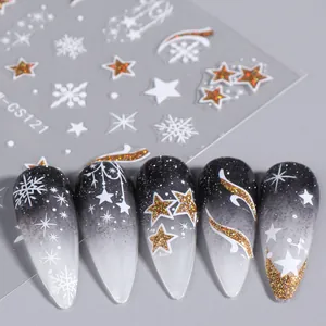 Detailed view of W-CS121 Christmas nail art stickers with golden glitter and snowflakes