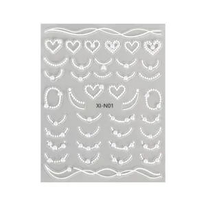 5D embossed white pearl heart and chain nail art stickers, style XI-N01 with 3D texture