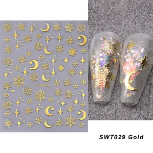 Detail von SWT029 Gold 3D-Nagelstickern mit Schneeflocken Sternen und Monden