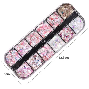 12-grid pink and silver glitter nail art set with star and heart sequins in a clear box