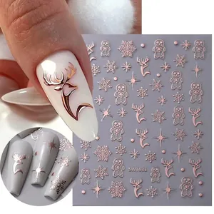 3D Roségold Weihnachts-Nagelaufkleber mit Rentier- und Schneeflockenmotiven