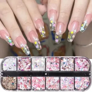 Nail Art Sequins Glitter Irregular Star Heart Moon Shapes Pink Holographic Sparkly Nail Decorations For Women DIY Manicure Assortment