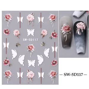 Stickers ongles 5D relief avec roses roses et papillons blancs modèle SW-5D117