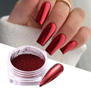 Metallic rose red chrome nail powder in a clear jar with a mirror effect sample tip