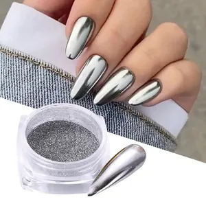 Silver chrome mirror nail powder set with a high-shine metallic finish for manicures