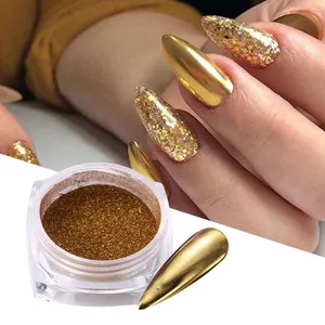 Detail of metallic gold chrome nail powder showing mirror effect and fine pigment texture