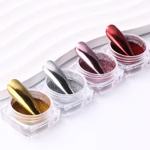 Detailed view of chrome nail powder set in gold, silver, purple, and rose red metallic pots