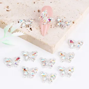 Luxurious butterfly nail charms with silver metal frame and dazzling AB crystal rhinestones
