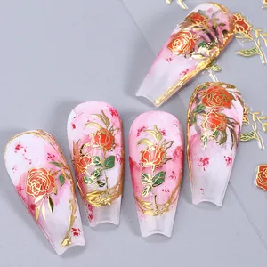 3D gold foil rose nail stickers with pink marble design for Valentine nail art