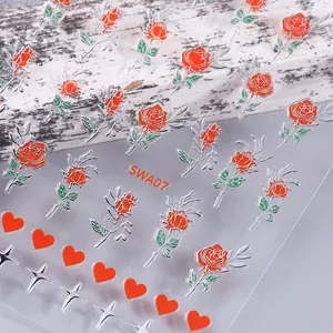 3D embossed nail stickers featuring red roses, hearts and stars on vintage wood backdrop