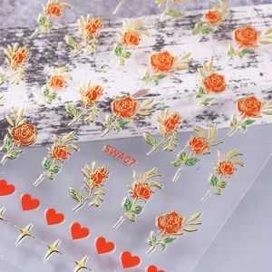 3D nail stickers featuring red roses, gold stars and hearts for Valentine's nail art