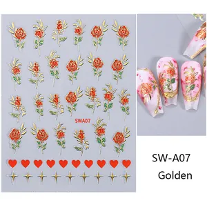 Detail of 3D embossed red rose nail stickers with gold edges and starry heart accents