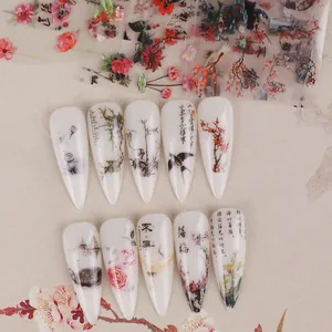 Chinese Style Ink Wash Nail Transfer Foil Stickers Plum Blossom Bamboo Crane Landscape Design Nail Art Decor Stickers