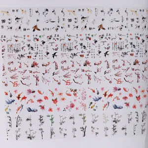 Chinese style nail art transfer stickers featuring ink painting bamboo and crane designs