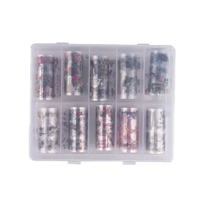 10 rolls of Chinese style nail art transfer foils with bamboo and lotus designs in a box