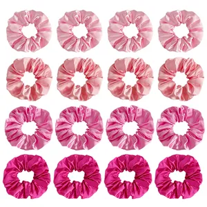 16-pack pink satin hair scrunchies set in four gradient shades for ponytail styling