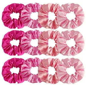 12-piece pink gradient satin scrunchies set with silky finish for ponytail styling