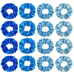 16-piece set of satin hair scrunchies featuring blue gradient shades on a white background