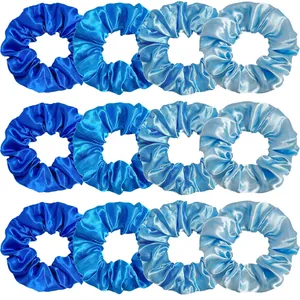 12-piece blue satin hair scrunchies set with assorted gradient silk-like texture