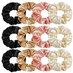 12-piece satin silk scrunchies set in black champagne pink and cream colors for women