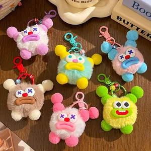 Funny monster plush keychains with colorful fur and cute sausage lips for bag decor